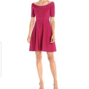 Guess Women's Burgundy Knit Short Raglan, Sleeve, Boat Neck, A-line Dress